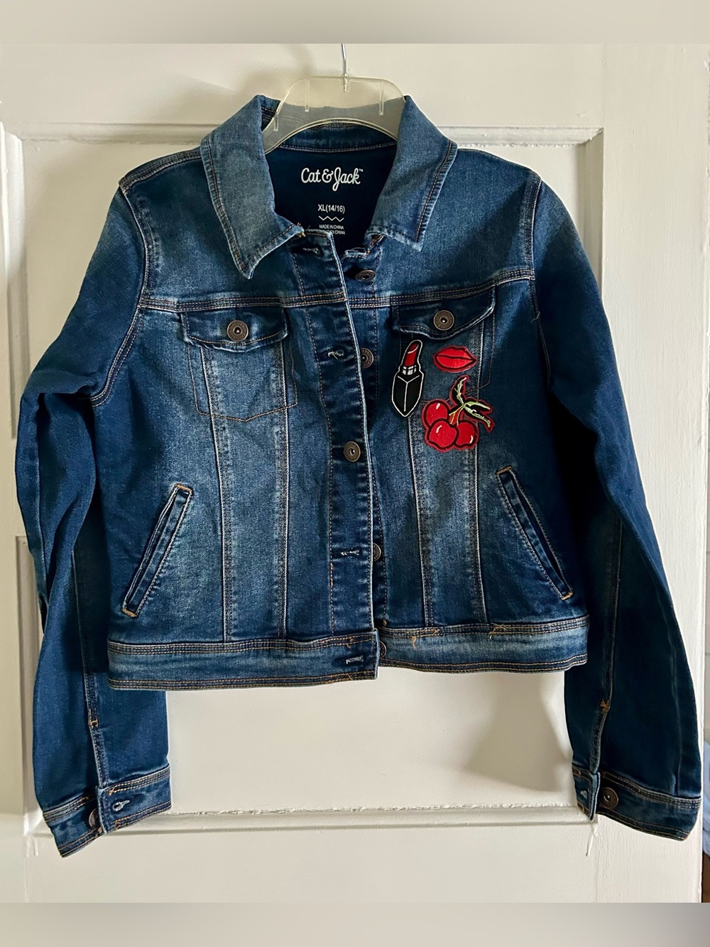 Cat & Jack Blue Denim Jacket with Red Lipstick & Cherry Patches